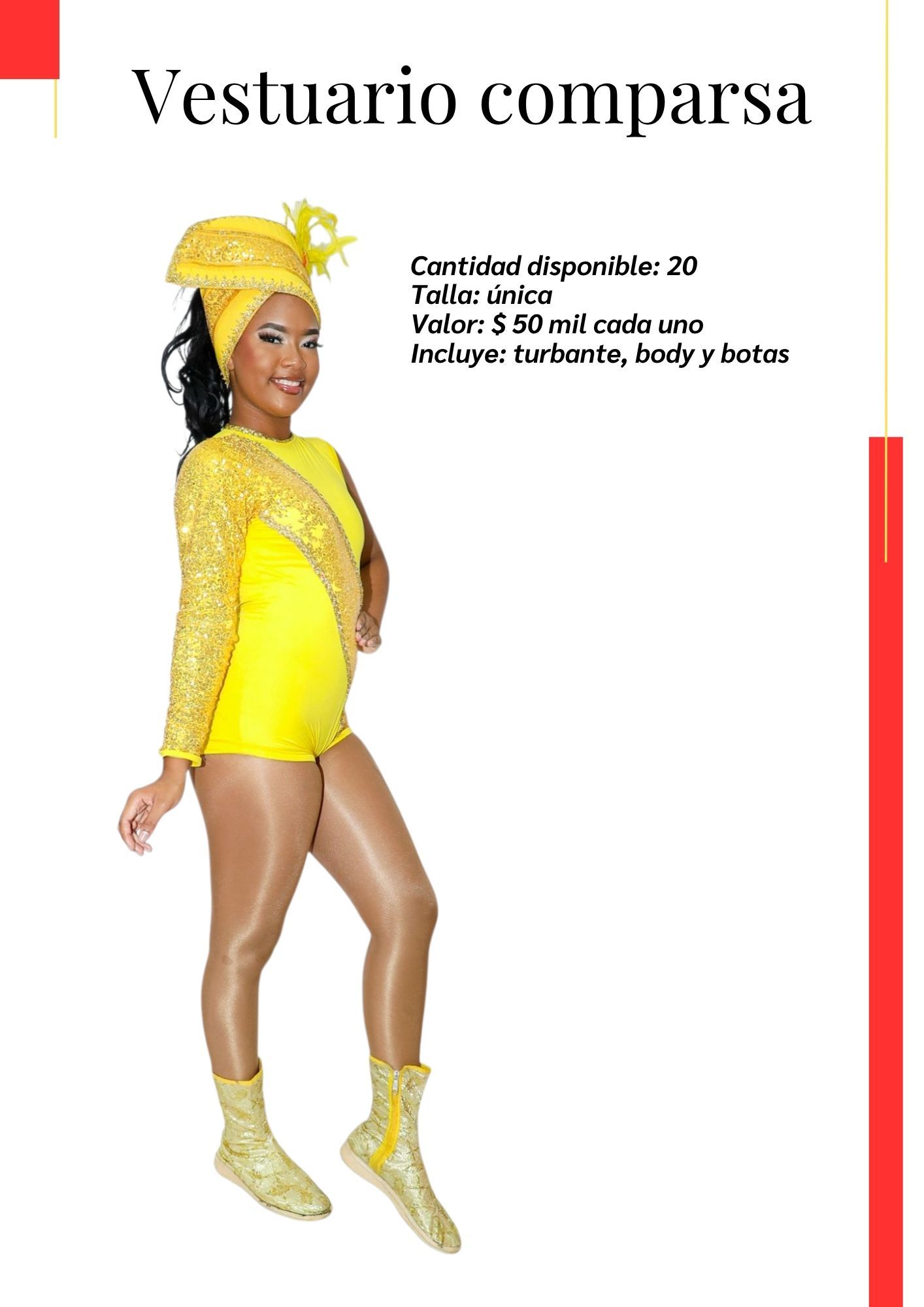 Una mujer con un leotardo amarillo y botas doradas está de pie sobre un fondo blanco.