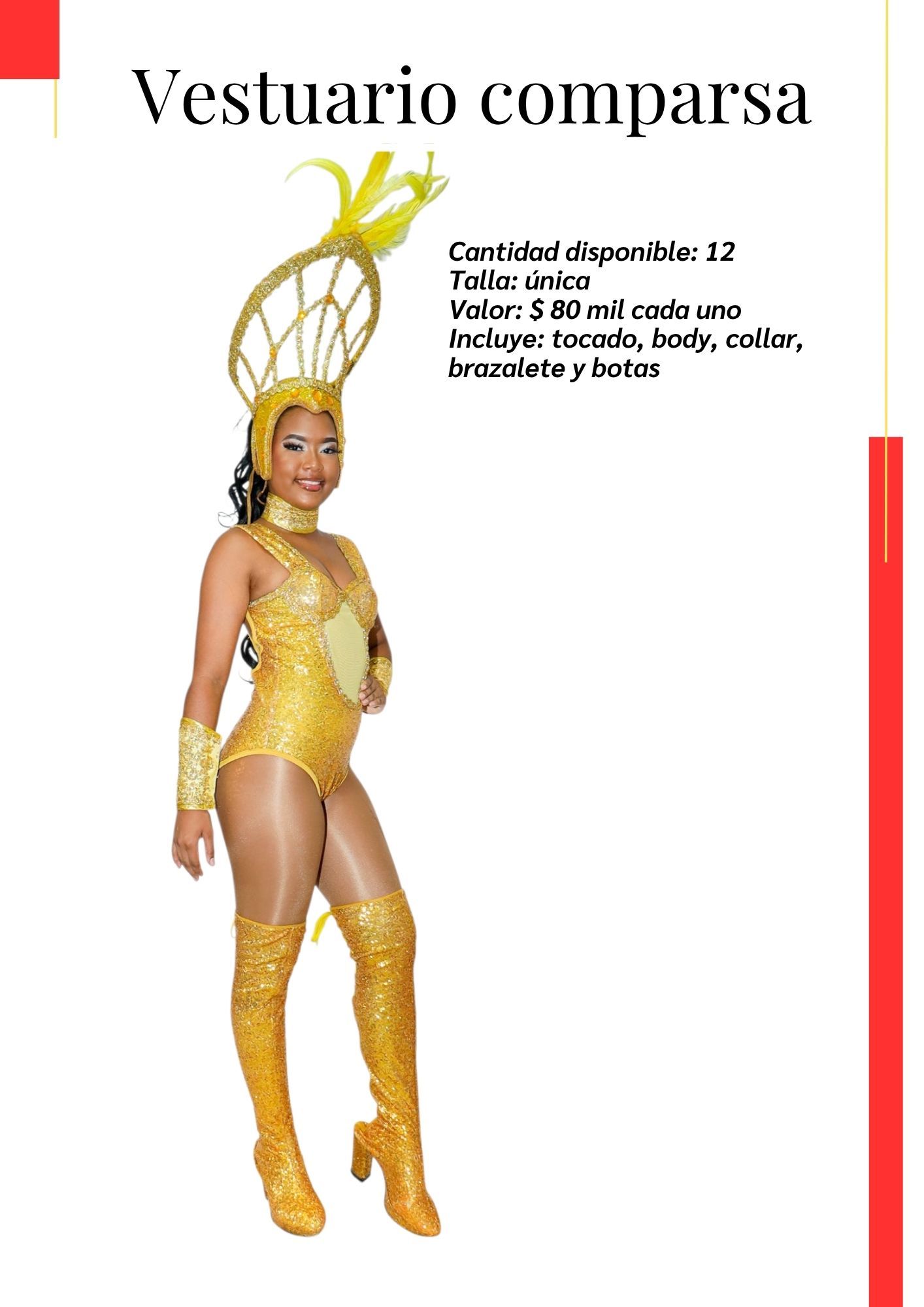 Una mujer con un traje amarillo está de pie sobre un fondo blanco.