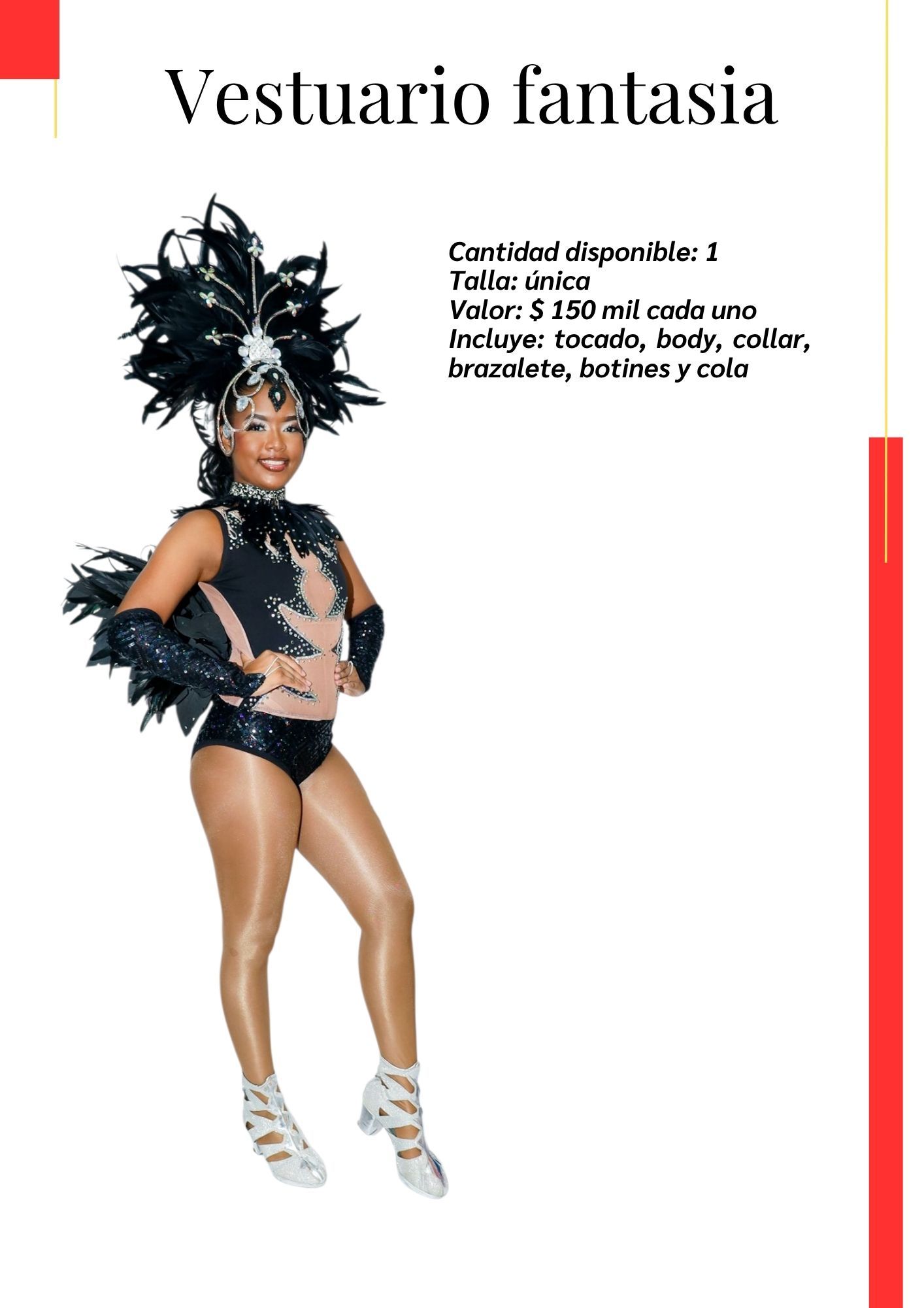 Una mujer con un disfraz y plumas en la cabeza está de pie sobre un fondo blanco.