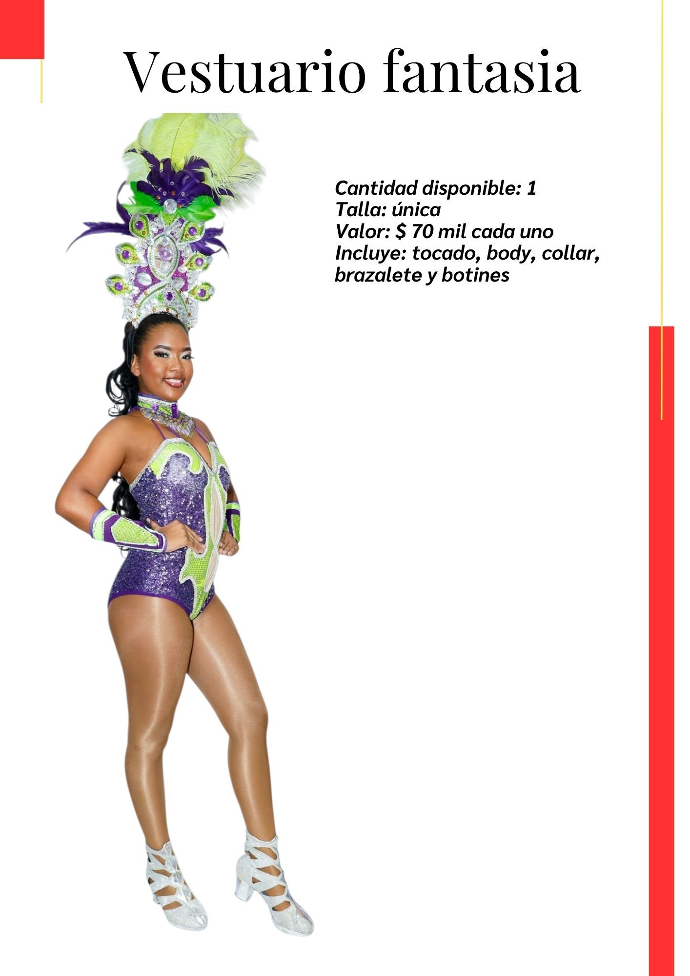 Una mujer con un disfraz de carnaval está parada frente a un fondo blanco.