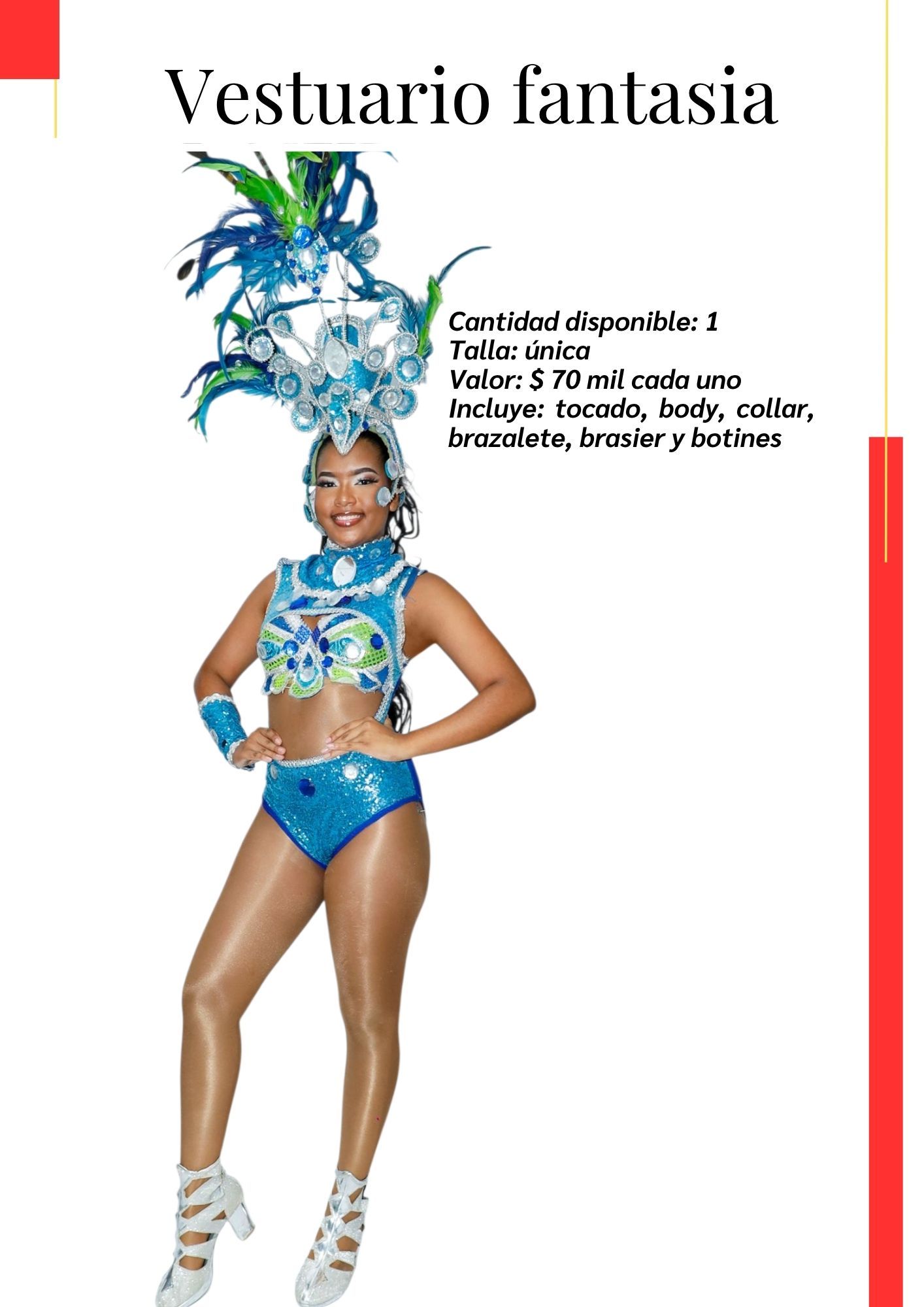 Una mujer con un disfraz de carnaval está parada frente a un fondo blanco. Kymbala. 