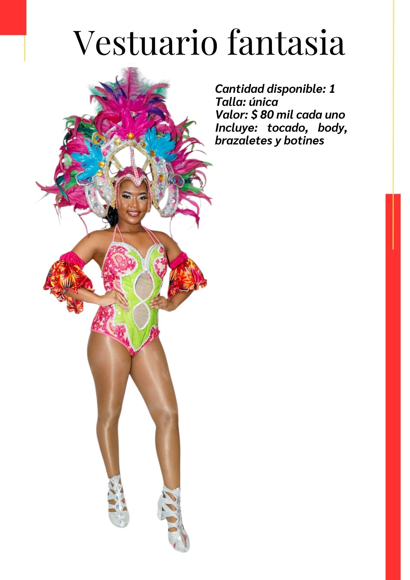 Una mujer con un traje colorido y plumas en la cabeza Kymbala. 