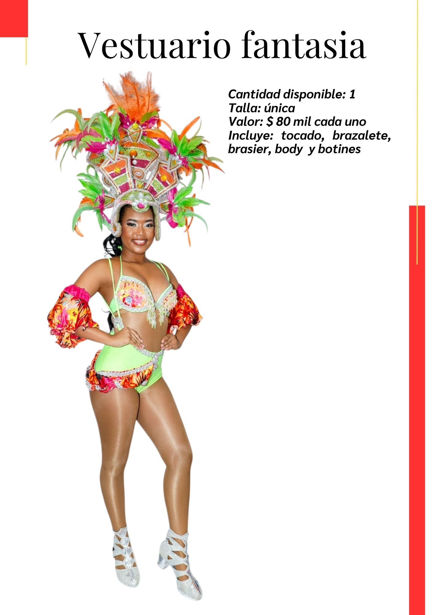 Una mujer con un traje colorido está de pie sobre un fondo blanco. Kymbala. 