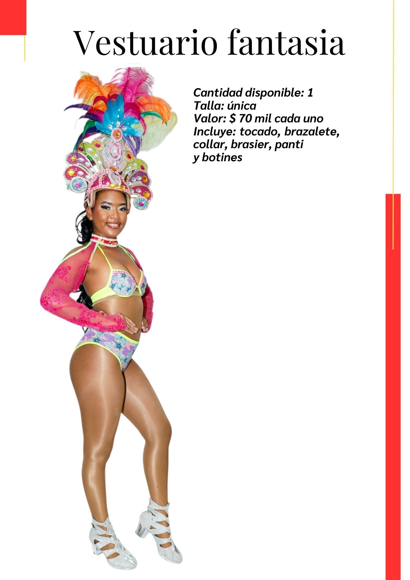 Una mujer con un traje colorido está de pie sobre un fondo blanco. Kymbala. 