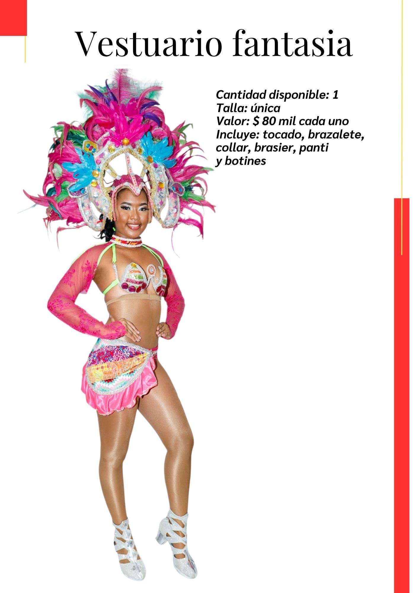 Una mujer con un traje colorido está de pie sobre un fondo blanco. Kymbala. 