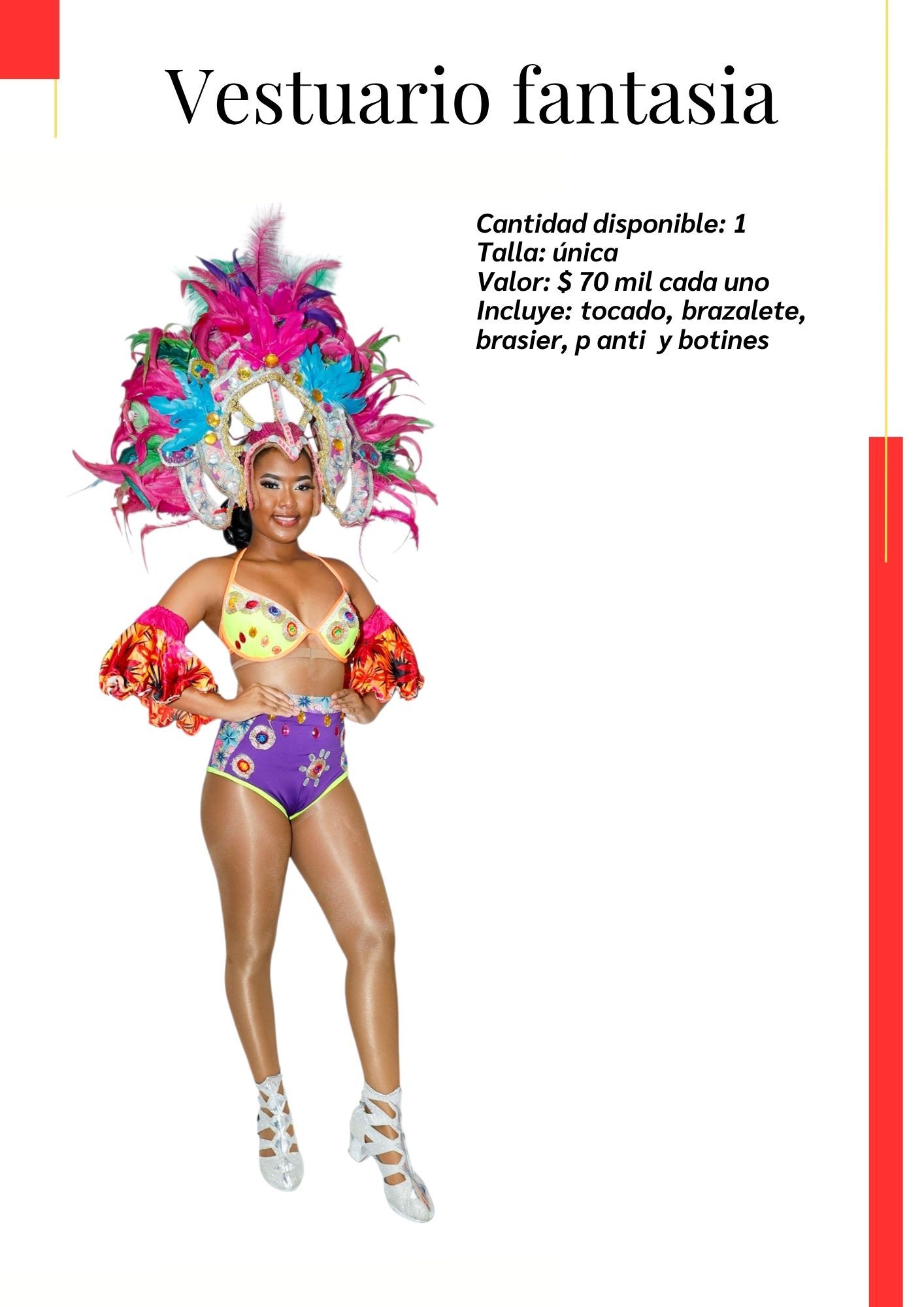 Una mujer con un traje colorido está de pie sobre un fondo blanco. Kymbala. 