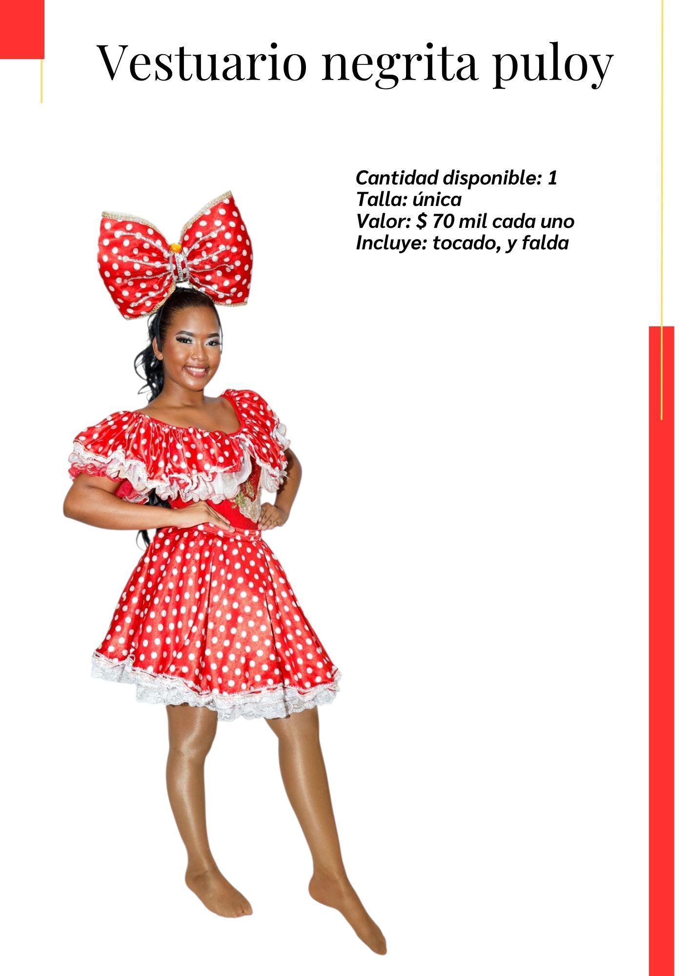 Una mujer lleva un vestido de lunares rojos y blancos con un lazo en la cabeza. Kymbala. 