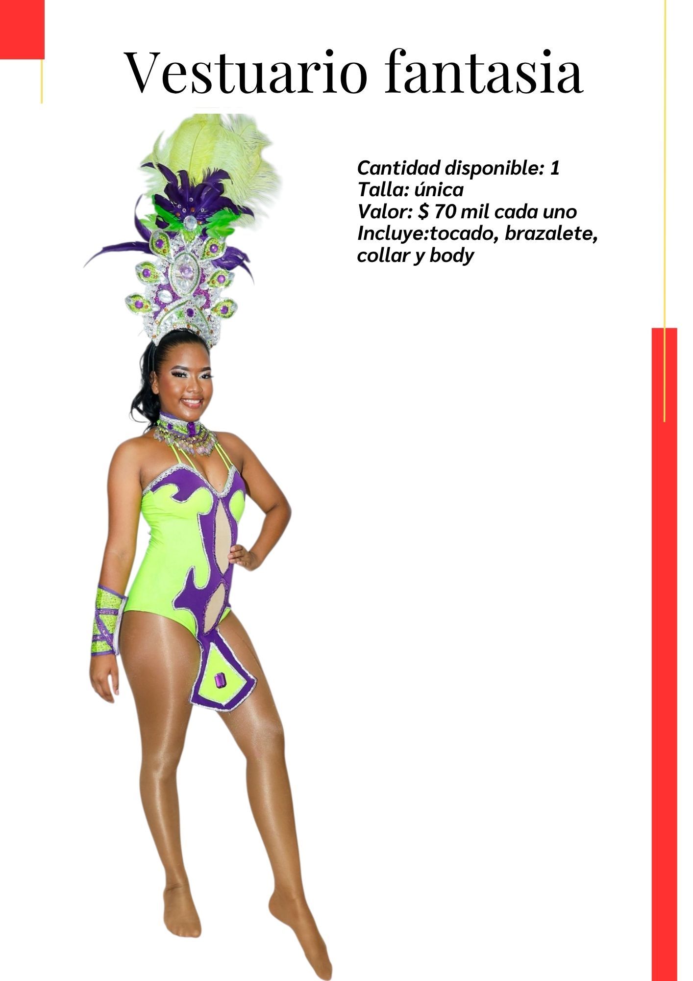 Una mujer con un disfraz de carnaval está parada frente a un fondo blanco. Kymbala. 