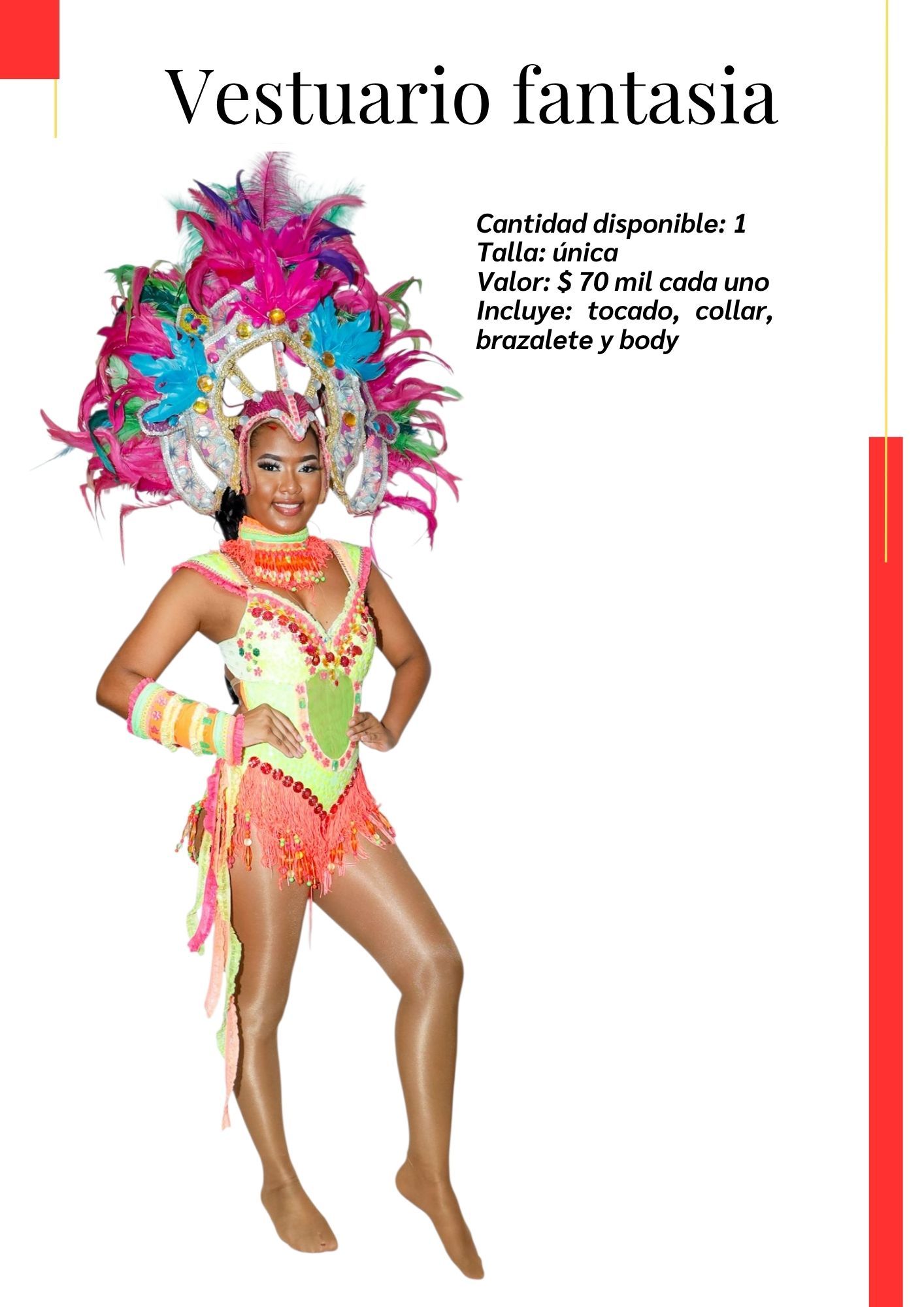 Una mujer lleva un traje colorido con plumas en la cabeza Kymbala. 