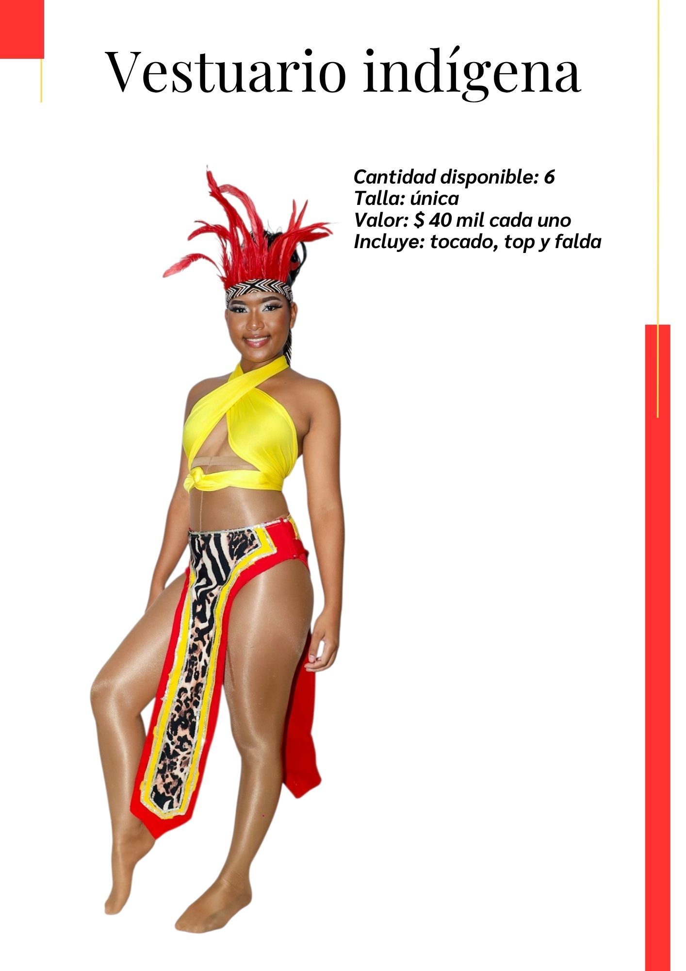 Una mujer lleva una camiseta amarilla y una falda roja. Kymbala. 