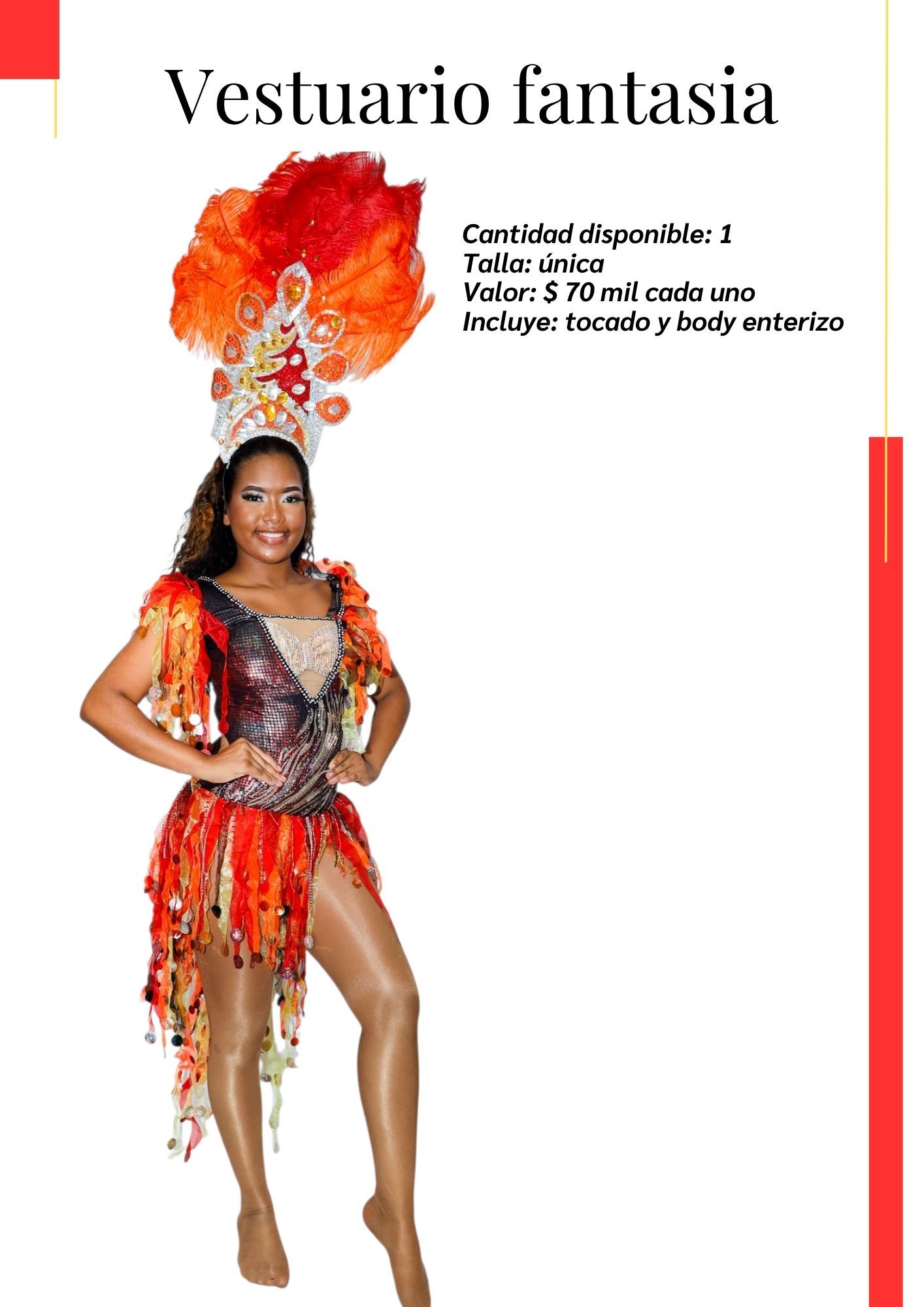 Una mujer con un traje rojo y naranja está de pie sobre un fondo blanco Kymbala. 