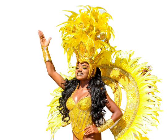 Una mujer disfrazada de carnaval agita la mano.