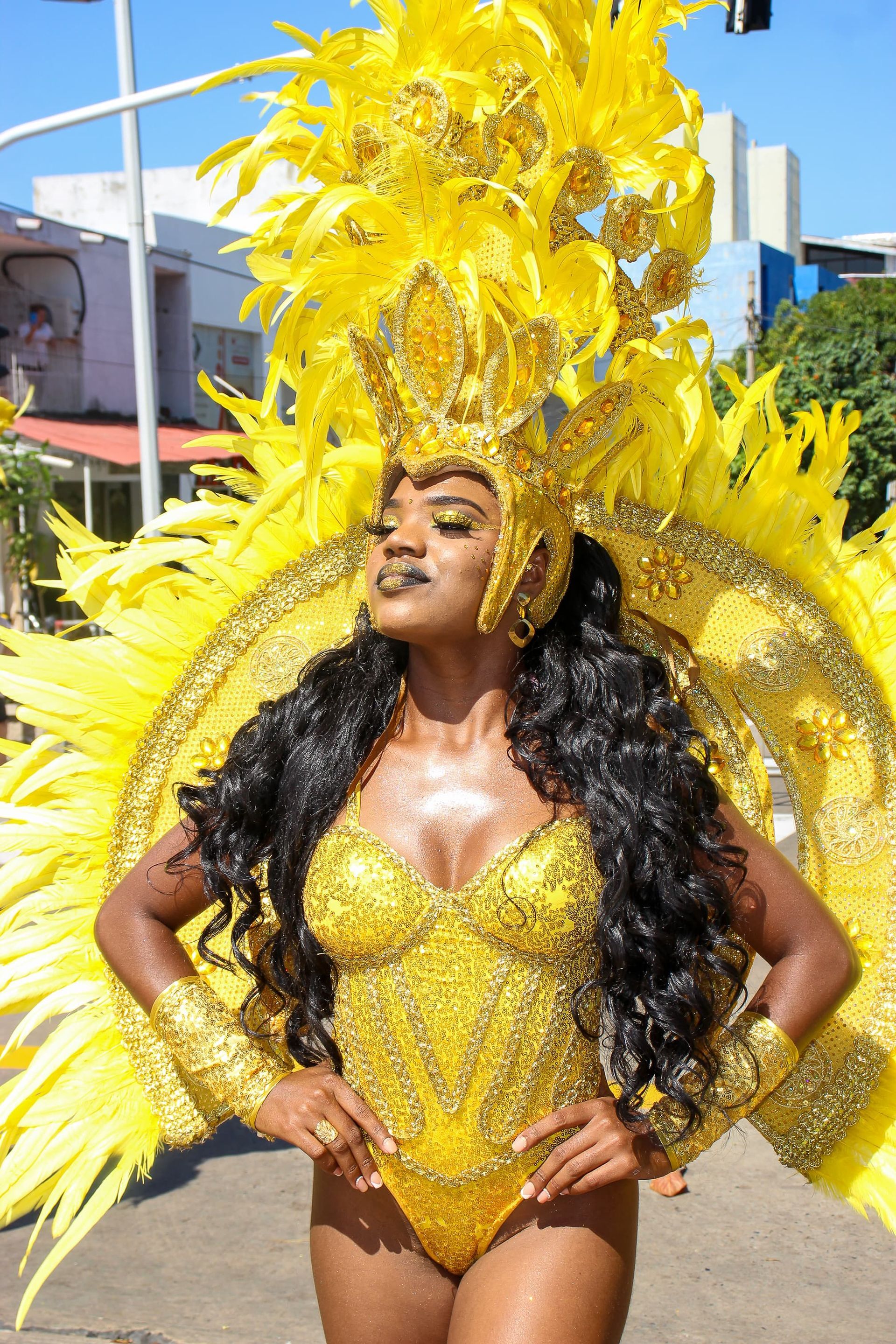 Una mujer con un disfraz de carnaval está parada en la calle.