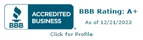 A bbb accredited business logo that says click for profile