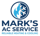 Logo for Mark's AC Service, featuring a split circle with a blue flame and a snowflake, with text below.