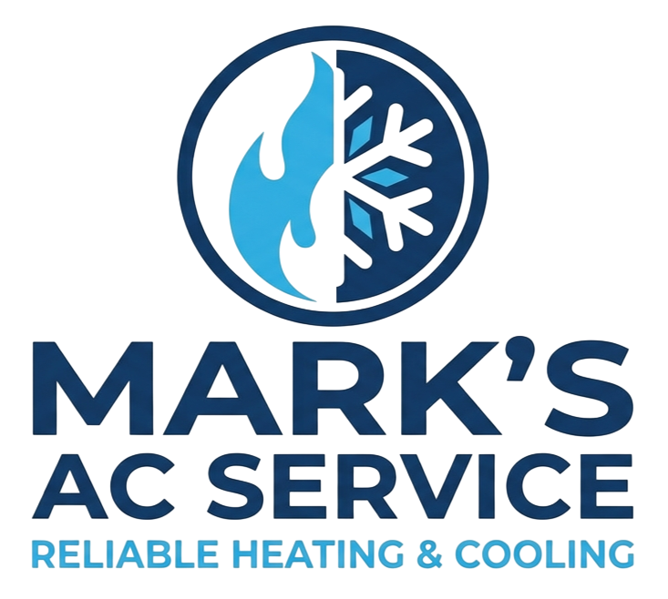 Logo for Mark's AC Service, featuring a split circle with a blue flame and a snowflake, with text below.
