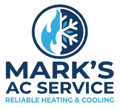 Logo for Mark's AC Service, featuring a split circle with a blue flame and a snowflake, with text below.