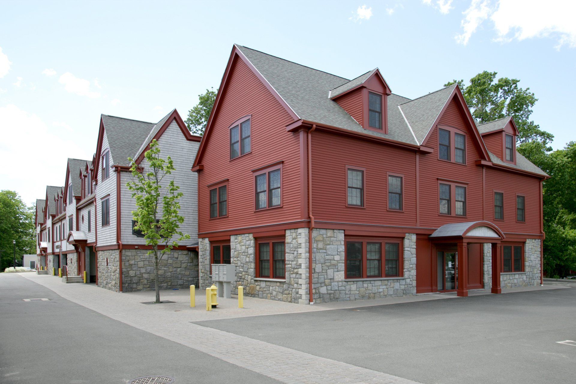 A large red building with a lot of windows