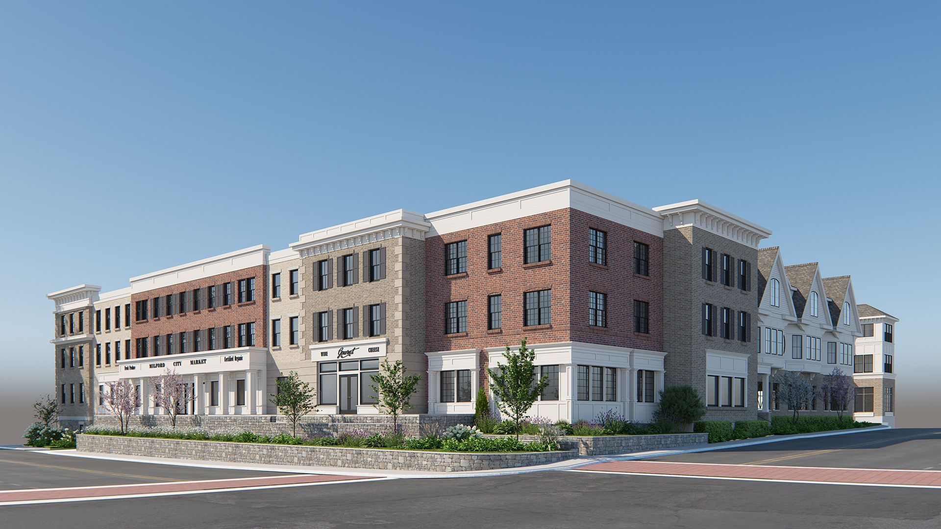 An artist 's impression of a large building with a car parked in front of it.