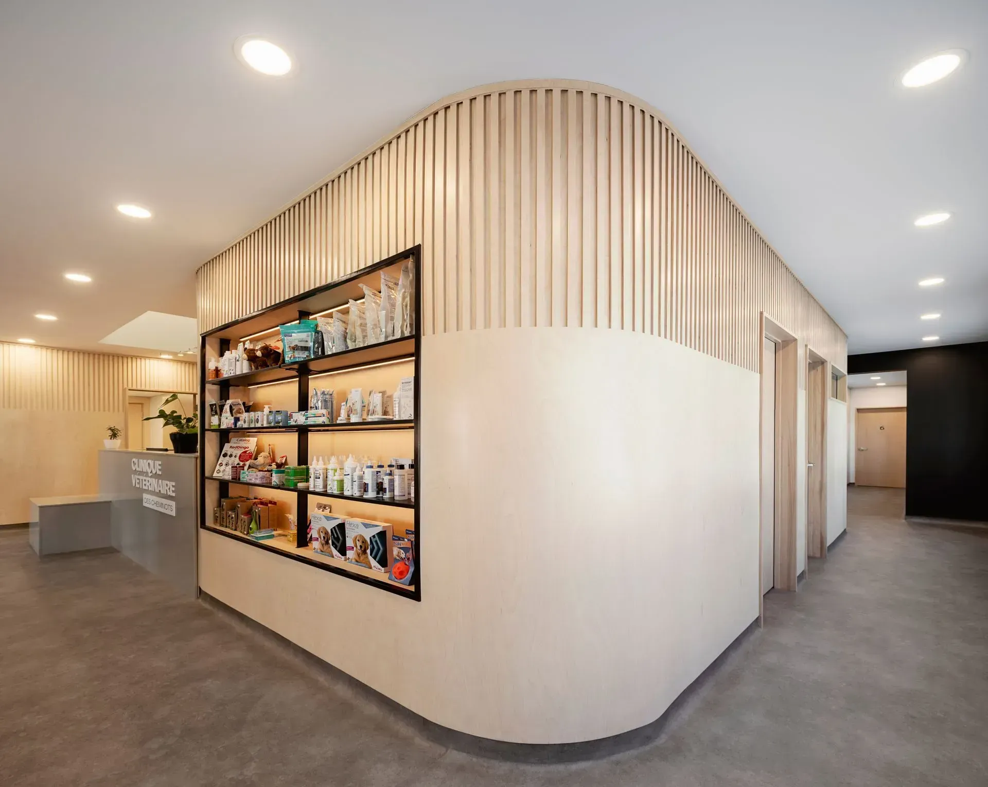 Intérieur d'une animalerie moderne. Un mur incurvé avec des étagères présente les produits. Couleurs neutres, éclairage encastré et sol gris.