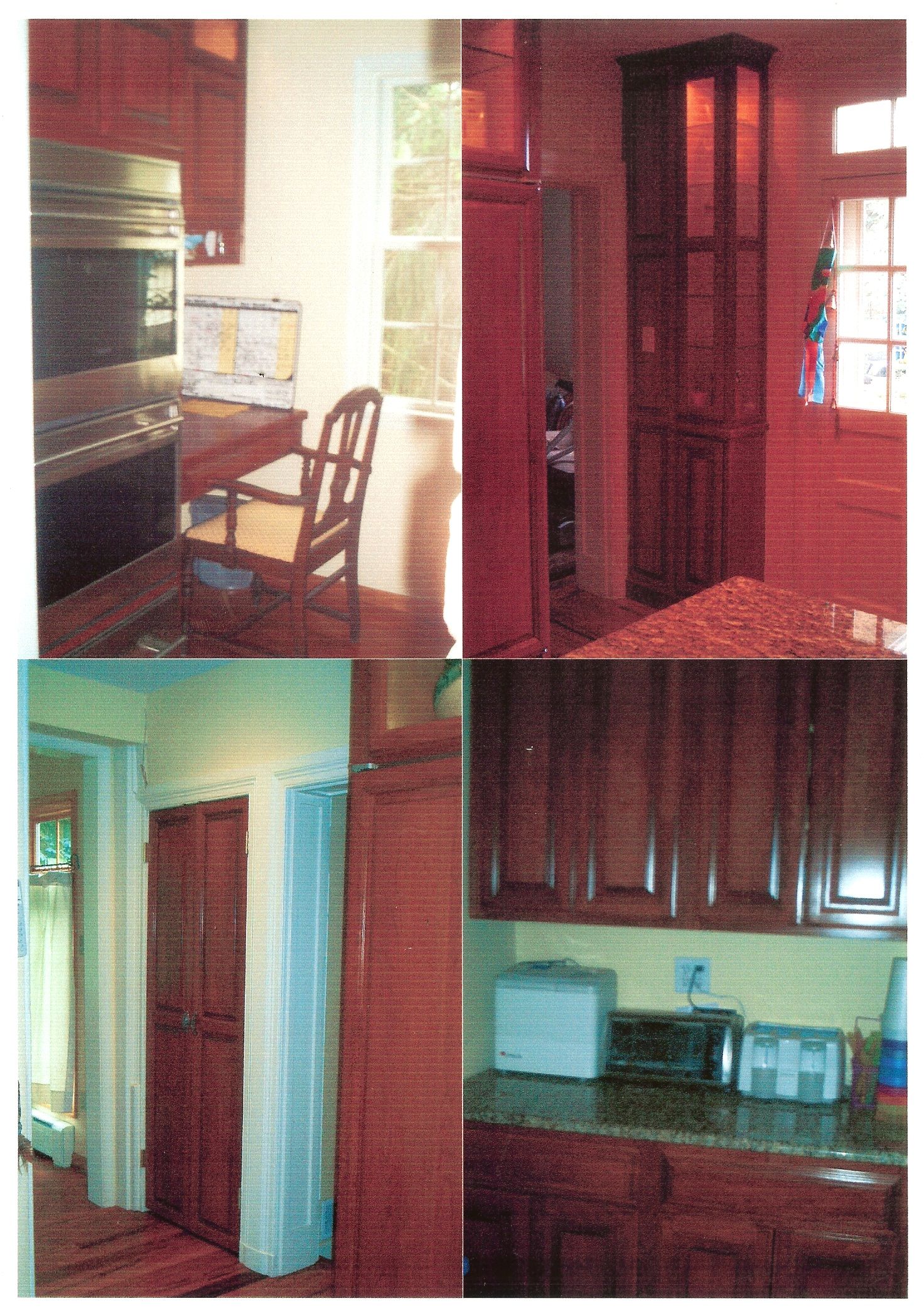A collage of four pictures of a kitchen with wooden cabinets