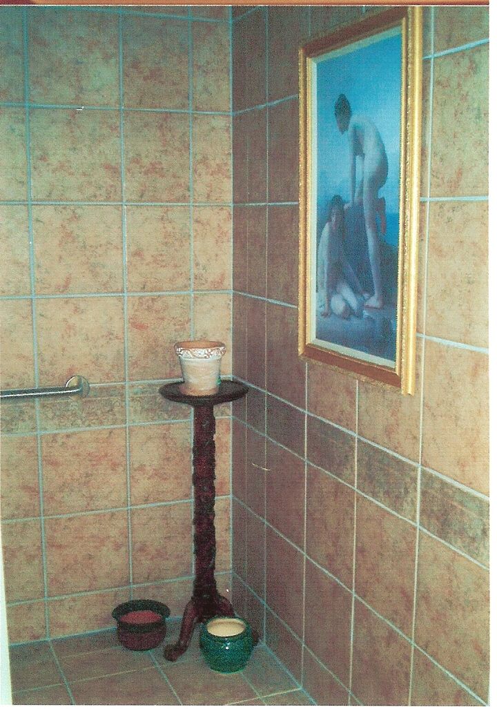 A corner of a bathroom with a picture on the wall
