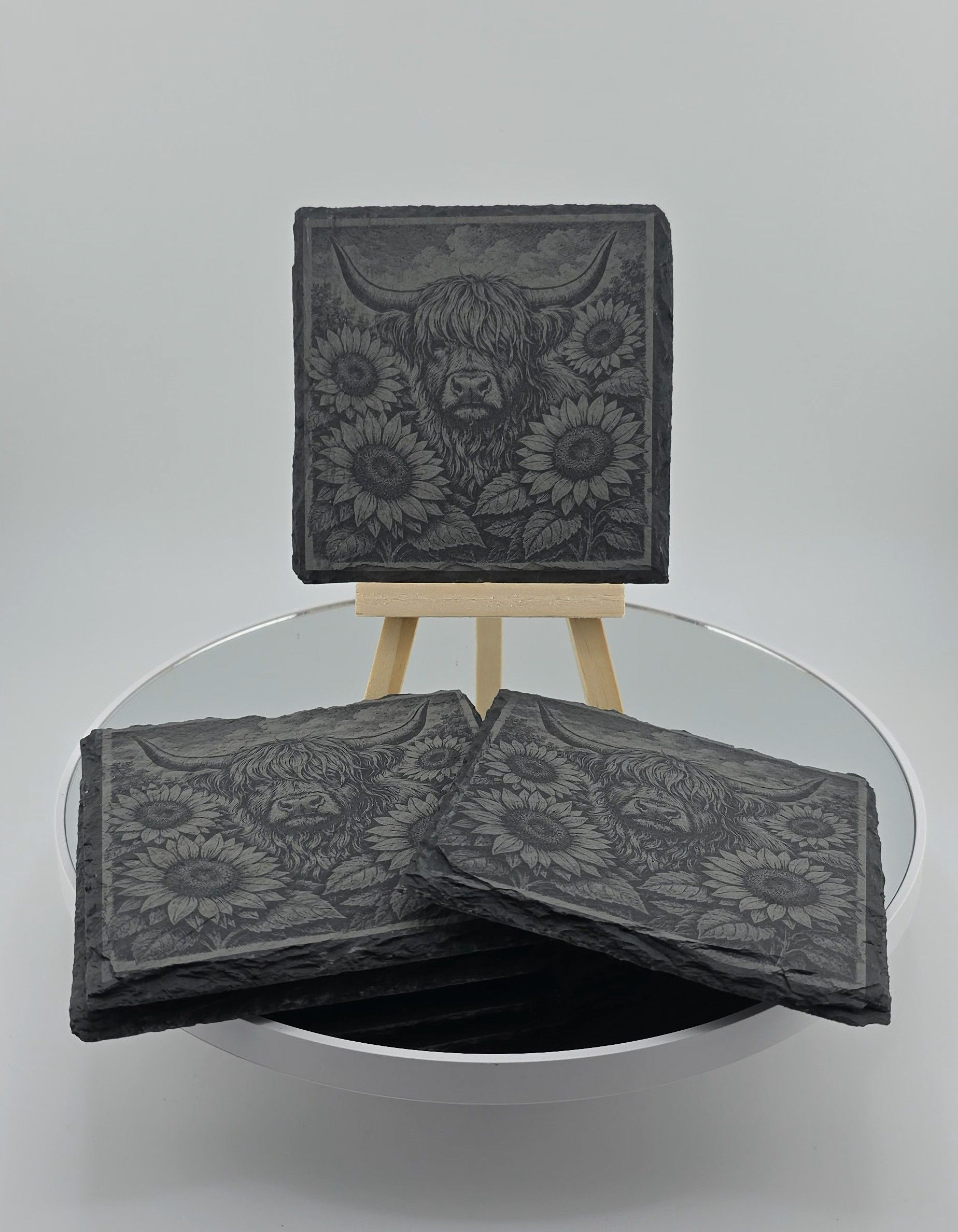 Highland Cow & Sunflower Slate Coasters - Set of 4