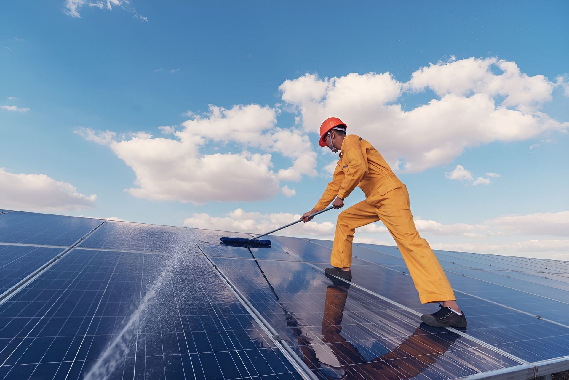 A Man is Cleaning Solar Panels With a Broom — Reach 'N' Clean in Tweed Heads, NSW