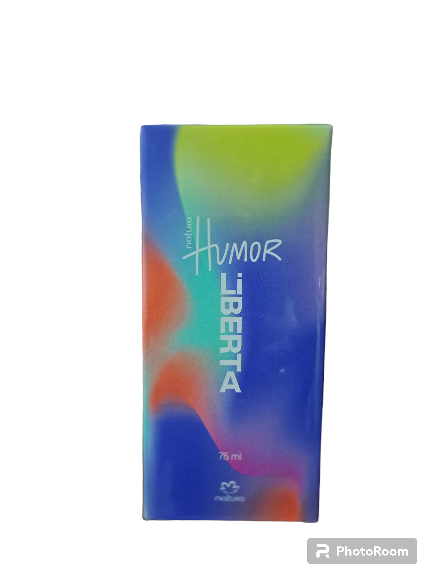 Una colorida caja de perfume Humor Liberta sobre un fondo blanco.
