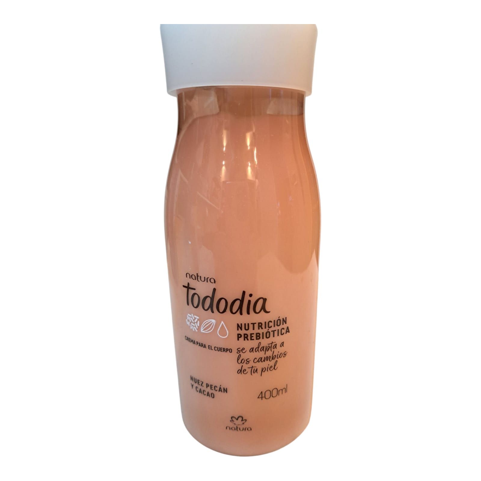 Una botella de loción tododia con tapa blanca.