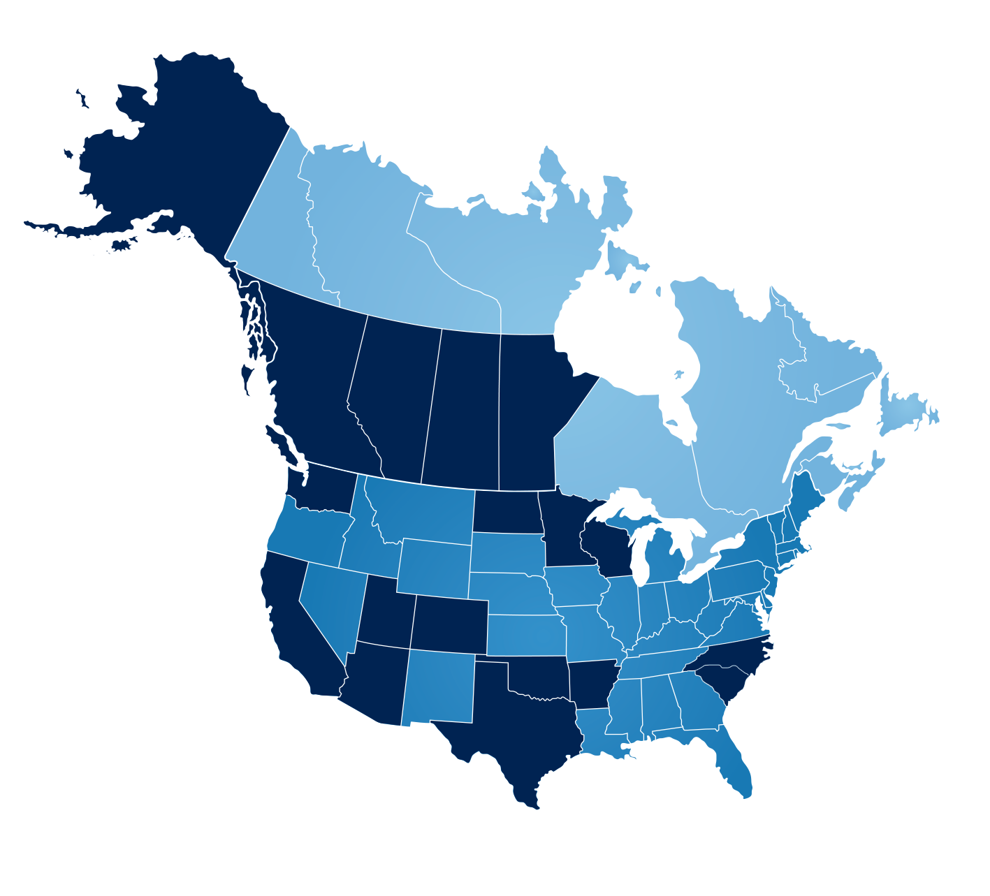 A map of North America featuring the U.S. and Canada, with regions shaded in three distinct tones of blue.