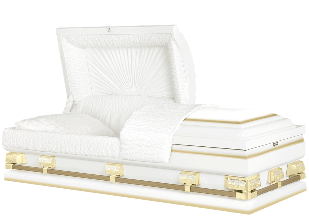 International Funeral Service, Perth Amboy NJ. White open casket with gold trim and white interior.