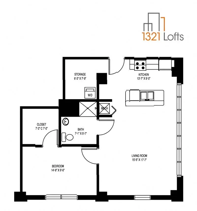 Floor plan for a loft apartment showing the kitchen, dining area, bedroom, bathroom, and storage.