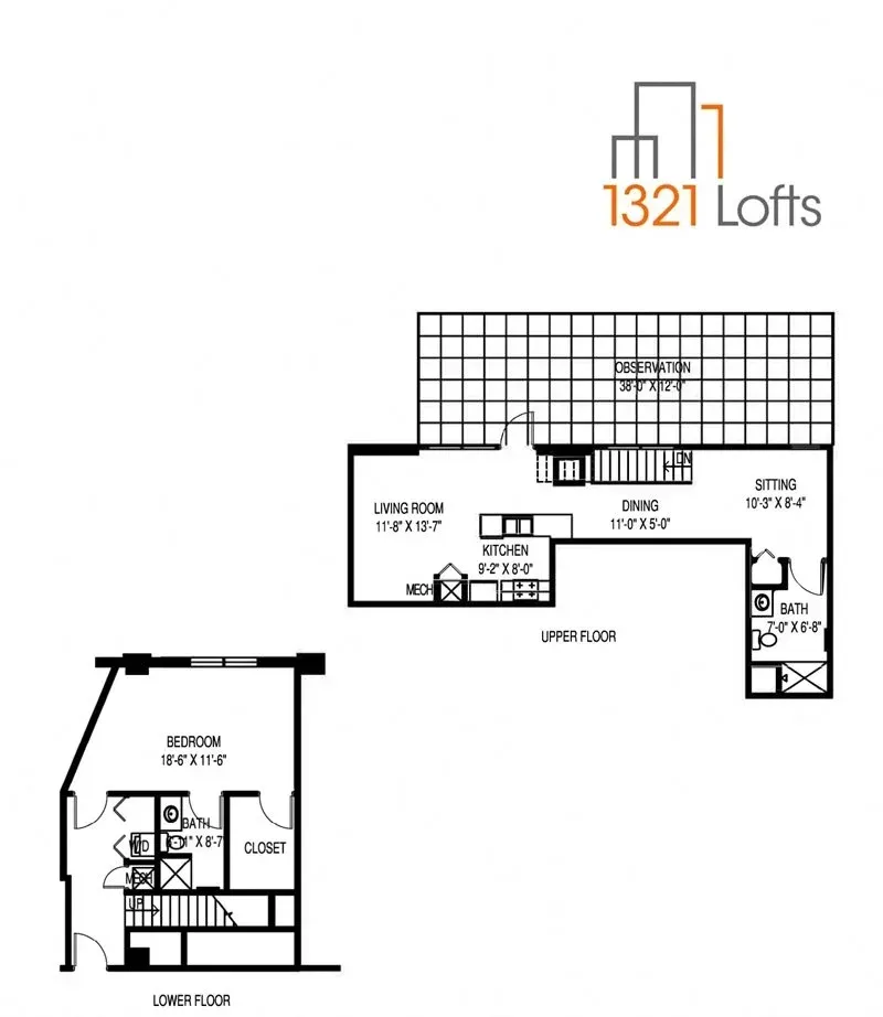 Floor plan of a two-level loft apartment with living spaces, bedroom, kitchen, and bathrooms.