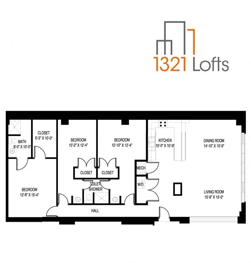 Floor plan of a loft apartment with three bedrooms, kitchen, living room, and dining room.