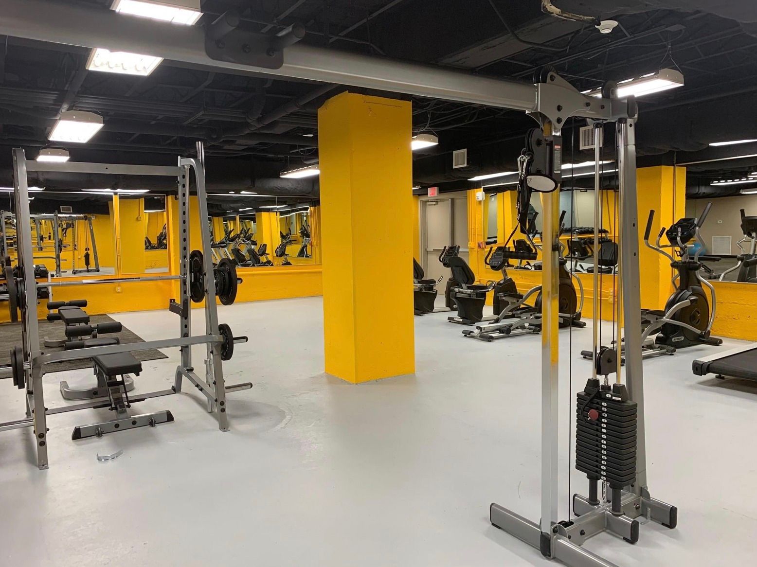 Gym interior with weights, machines, yellow pillars, and exercise equipment.