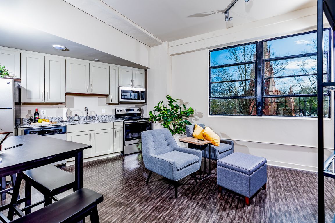 Modern apartment with kitchen, living area, and large window overlooking trees.