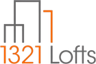 Logo for 1321 Lofts with orange and gray skyscraper outline and text.