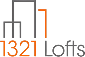 Logo for 1321 Lofts with orange and gray skyscraper outline and text.