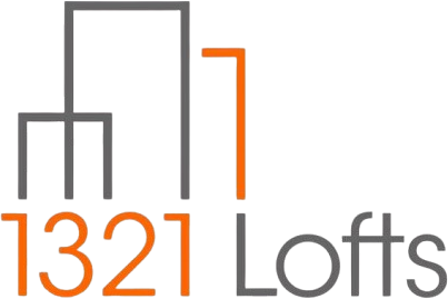 Logo for 1321 Lofts with orange and gray skyscraper outline and text.