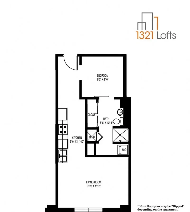 Floor plan of a studio apartment at 1321 Lofts, with a kitchen, bathroom, bedroom, and living room.