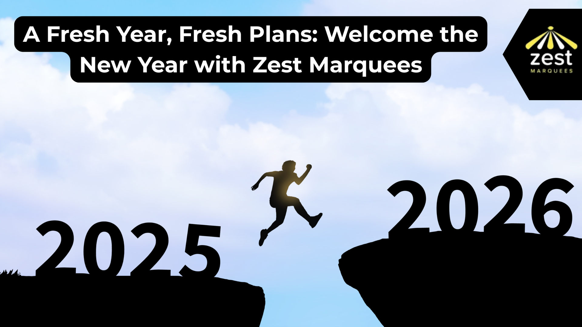 Silhouette of a person jumping from 2025 to 2026. Headline: