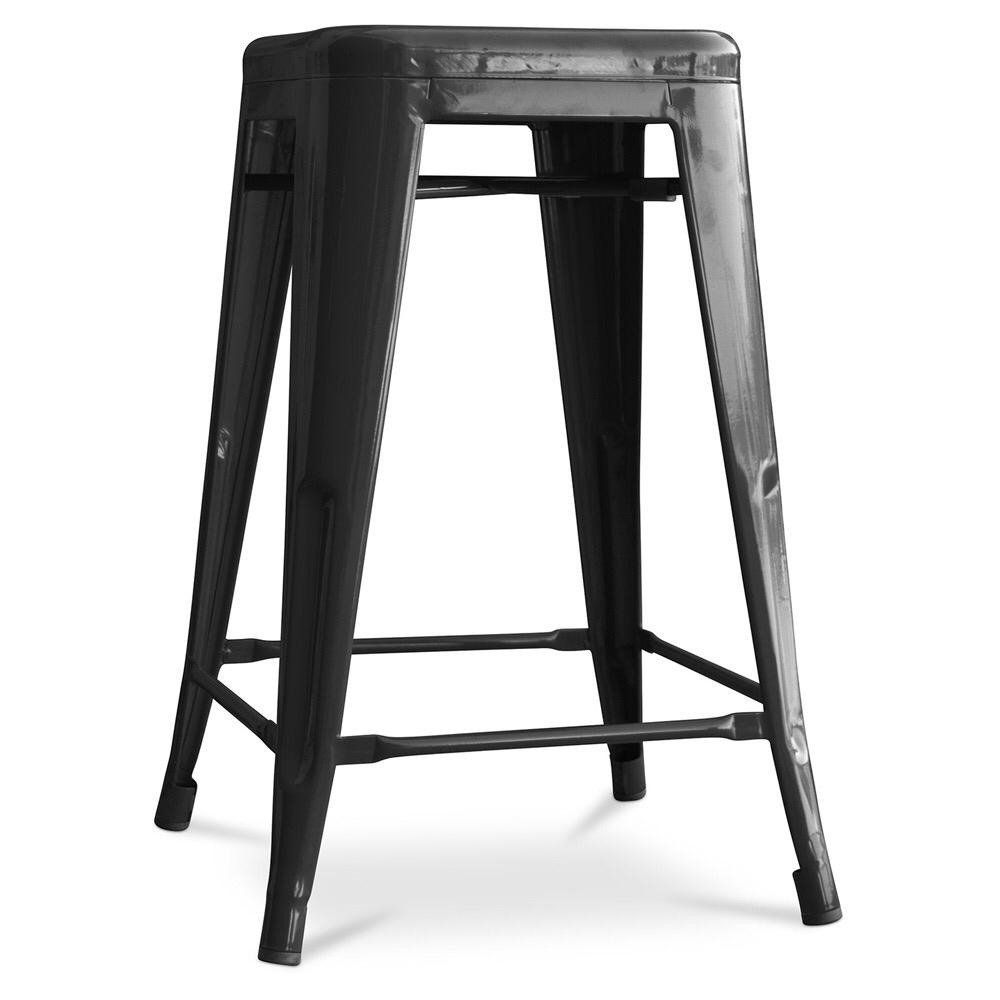 A black bar stool is sitting on a white surface.