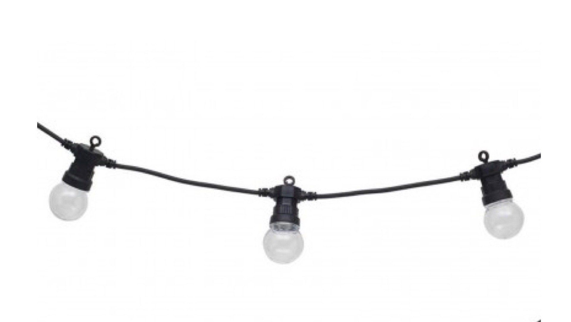 A string of lights with white bulbs on a white background.