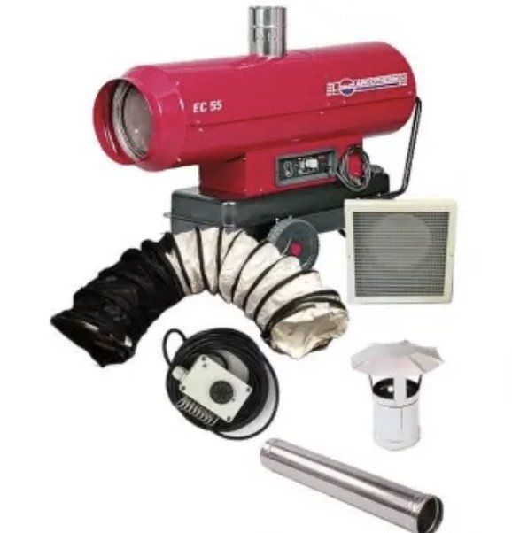 A red heater with a hose attached to it