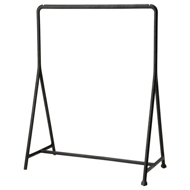 A black metal clothes rack on a white background.