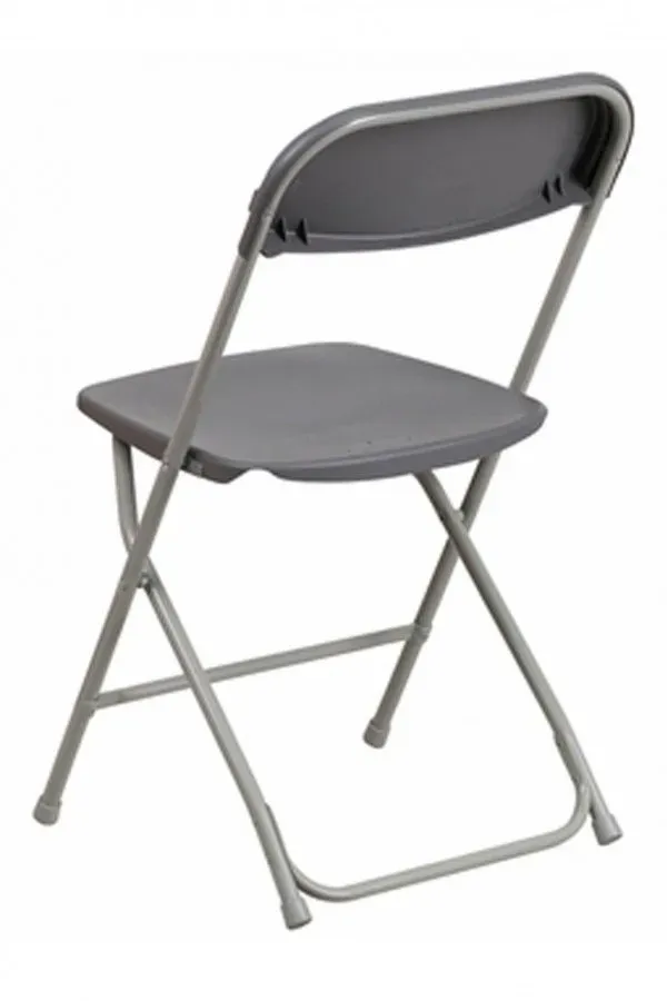 The back of a gray folding chair on a white background.