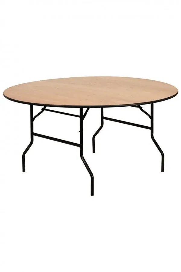 A round table with a wooden top and black legs on a white background.