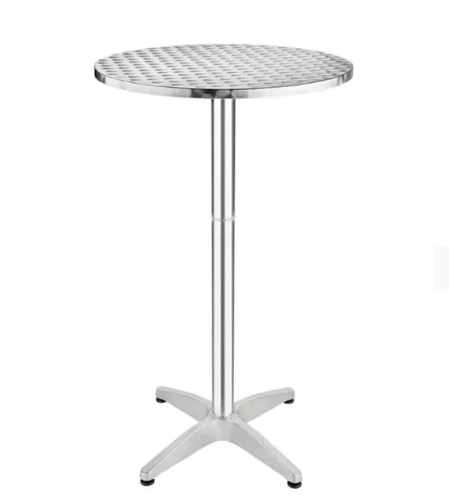 A round stainless steel table with a cross base on a white background.