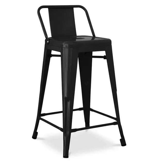 A black bar stool with a back rest on a white background